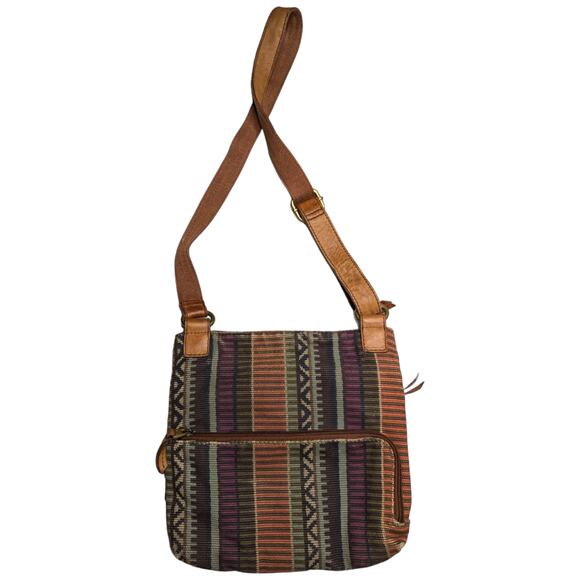 Fossil Brown Suede Colorful Baja Woven Canvas Turnlock Crossbody Swing Bag - Picture 2 of 8
